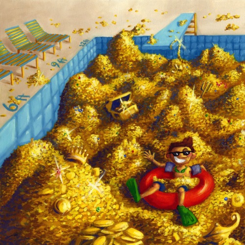 a swimming pool filled with gold treasure